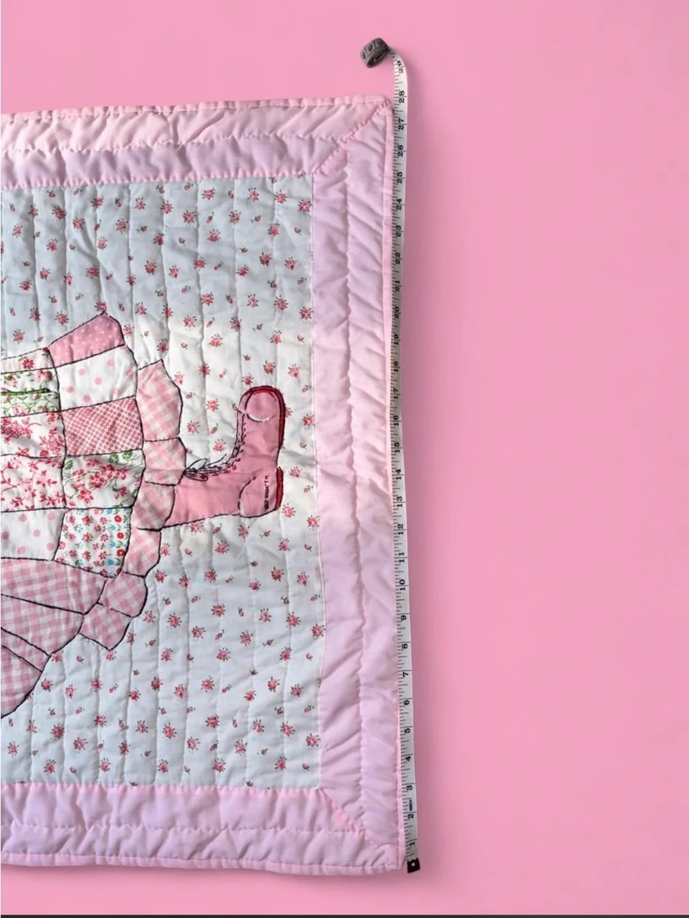 Vintage 70s Holly Hobbie Pink Floral Cottagecore Quilted Hanging Wall Decor